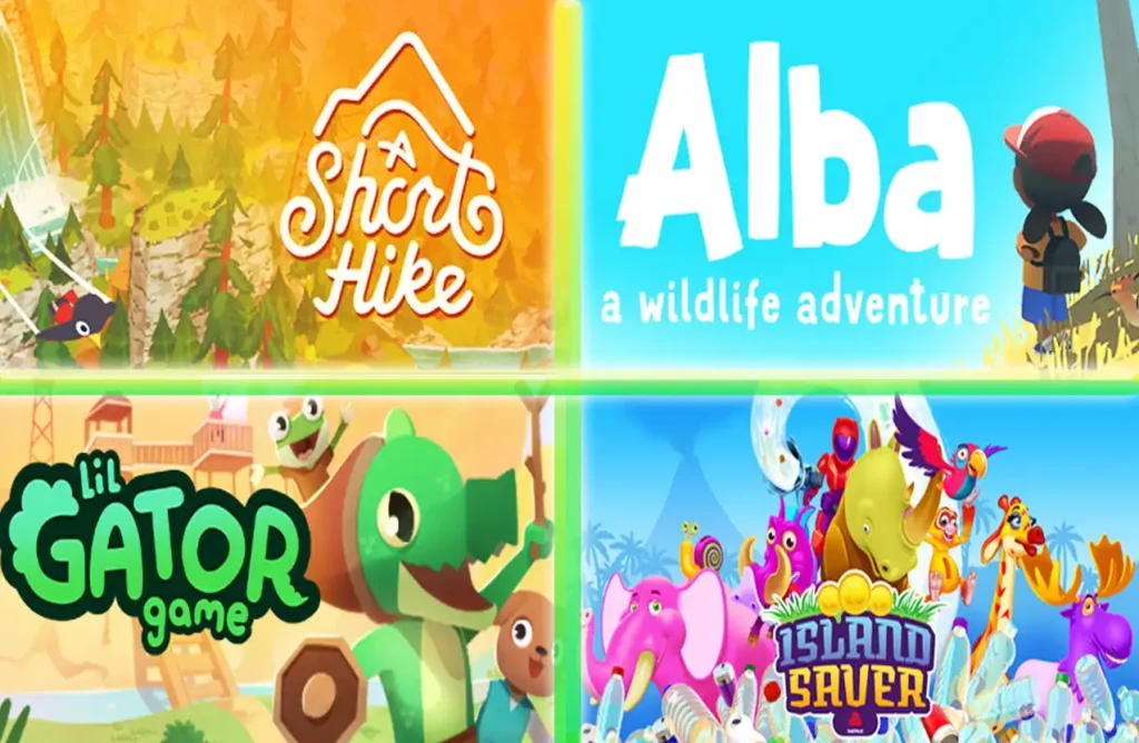 Collage of game covers for A Short Hike, Alba: A Wildlife Adventure, Lil Gator Game, and Island Saver.
