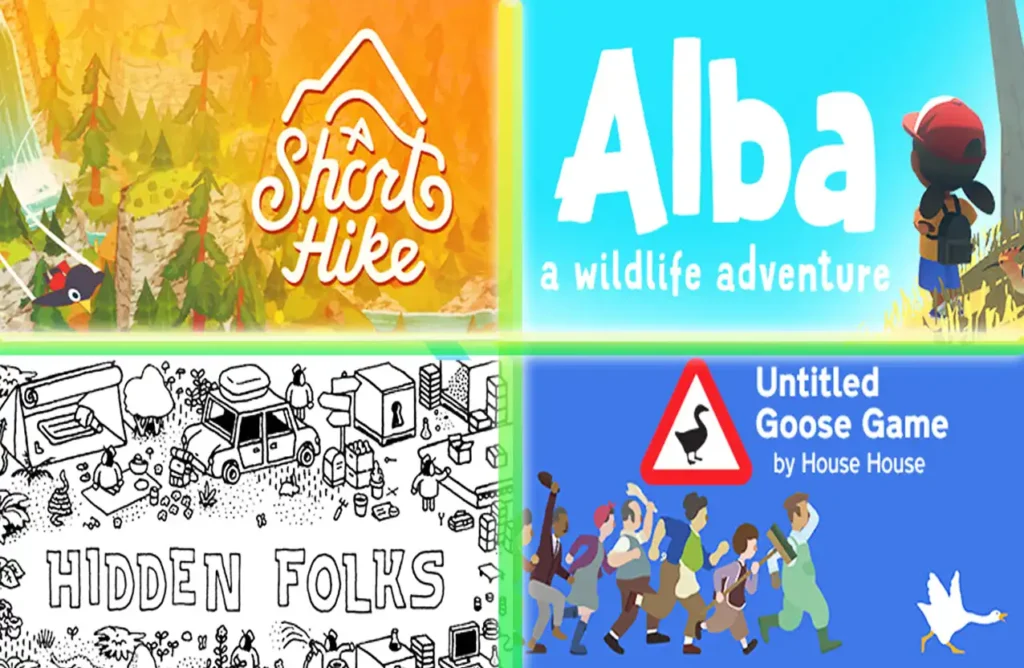 A grid showing cover art for A Short Hike, Alba: A Wildlife Adventure, Hidden Folks, and Untitled Goose Game.