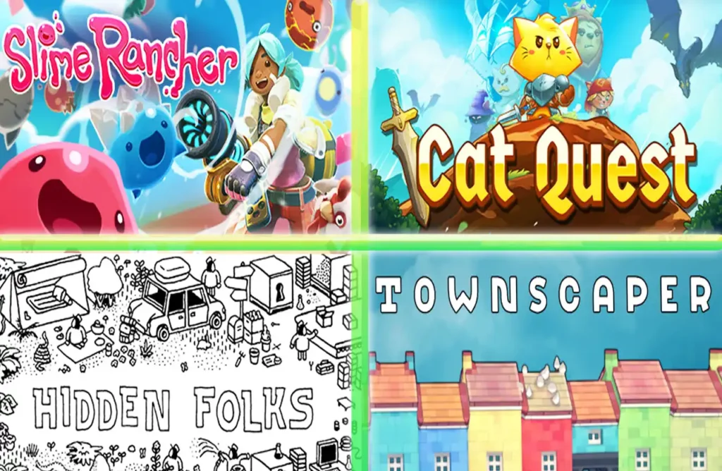 Collage of game covers for Slime Rancher, Cat Quest, Hidden Folks, and Townscaper.