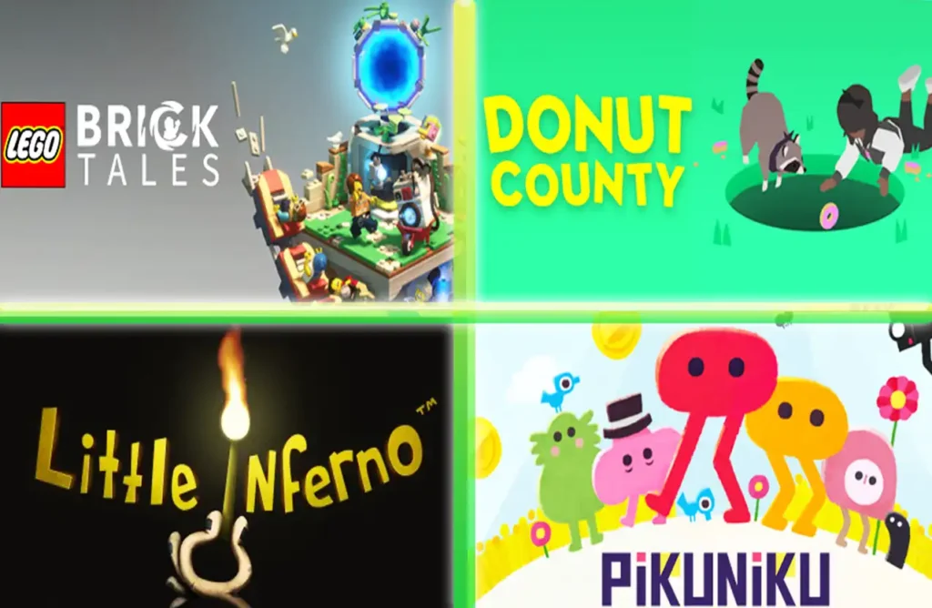 A four-panel grid showing promotional art for the games LEGO Bricktales, Donut County, Little Inferno, and Pikuniku.