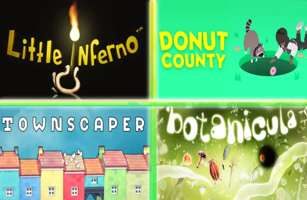 A grid showing game art for Little Inferno, Donut County, Townscaper, and Botanicula.