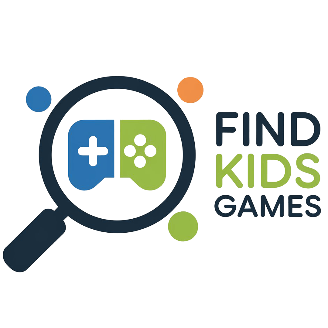 Logo for “Find Kids Games” showing a magnifying glass around a blue and green game controller, with the brand name in bold blue and green text