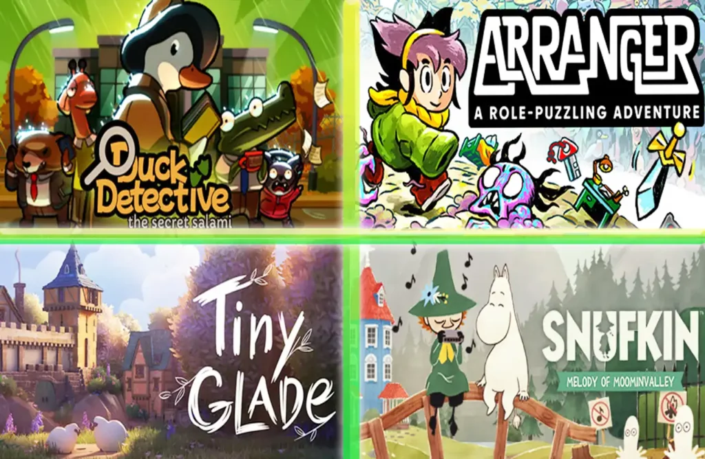 A grid showing game covers for Duck Detective, Arranger, Tiny Glade, and Snufkin: Melody of Moominvalley.