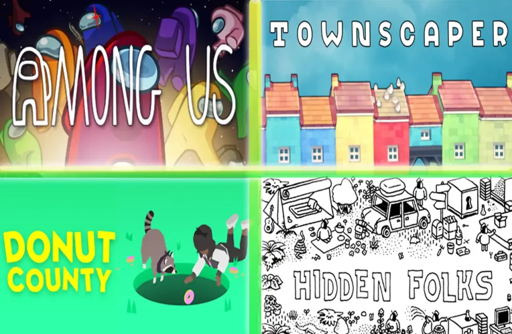 A grid showing promotional art for the games Among Us, Townscaper, Donut County, and Hidden Folks.