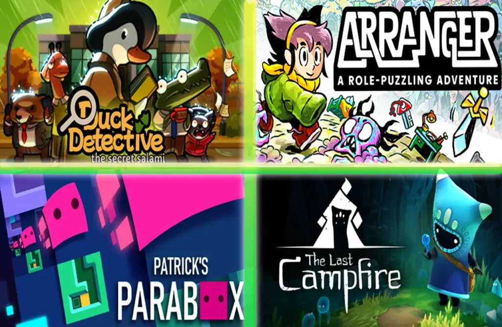 A grid of four video game covers: Duck Detective, Arranger, Patrick's Parabox, and The Last Campfire.