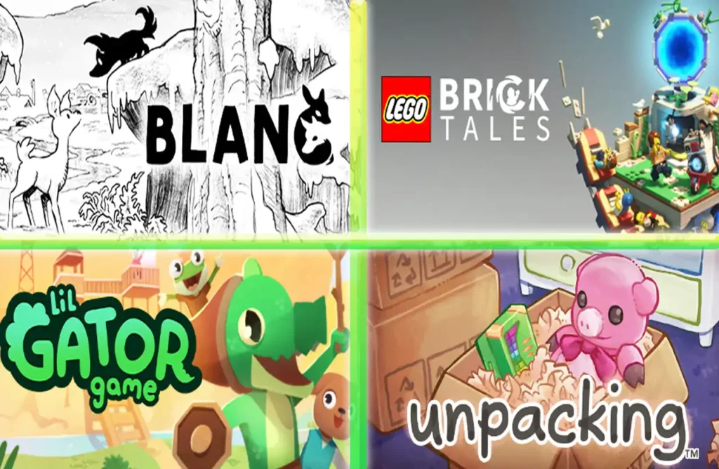 A collage of four video game covers: Blanc, Lego Brick Tales, Lil Gator Game, and Unpacking.