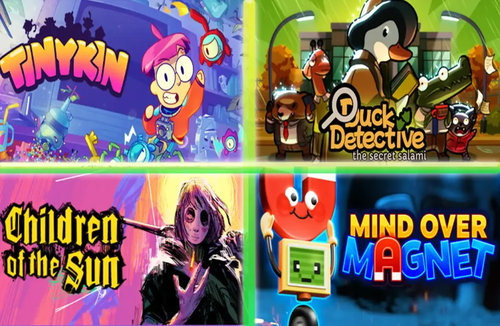 Collage of game covers including Tinykin, Duck Detective, Children of the Sun, and Mind Over Magnet.