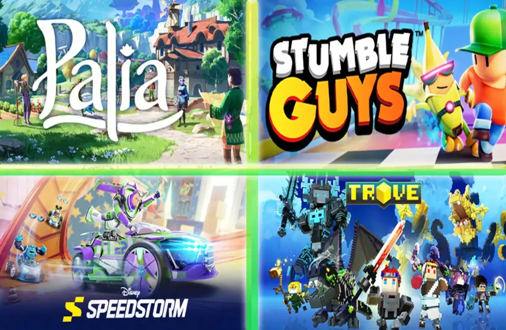 Collage of game banners for Palia, Stumble Guys, Disney Speedstorm, and Trove.