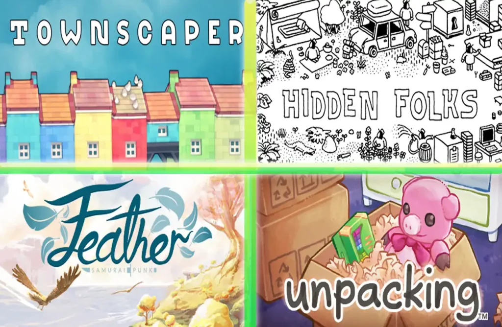 A collage of four video game title screens: Townscaper, Hidden Folks, Feather, and Unpacking.