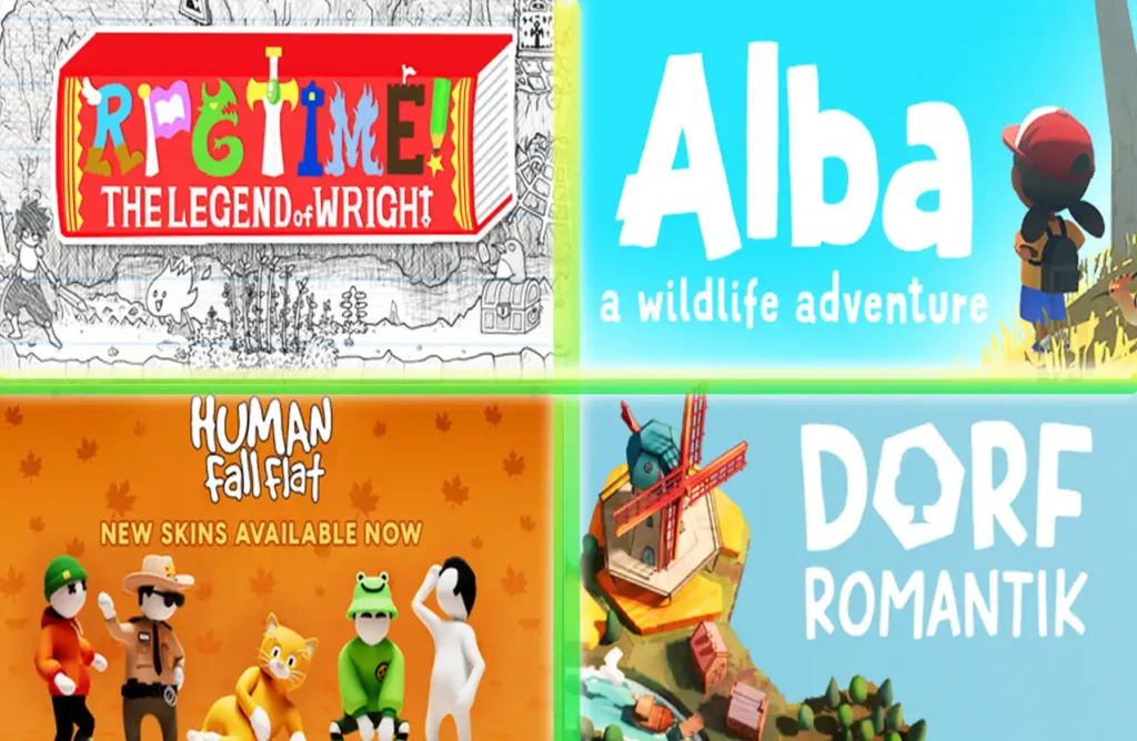 A grid showing game covers for RPG Time: The Legend of Wright, Alba: A Wildlife Adventure, Human Fall Flat, and Dorfromantik.