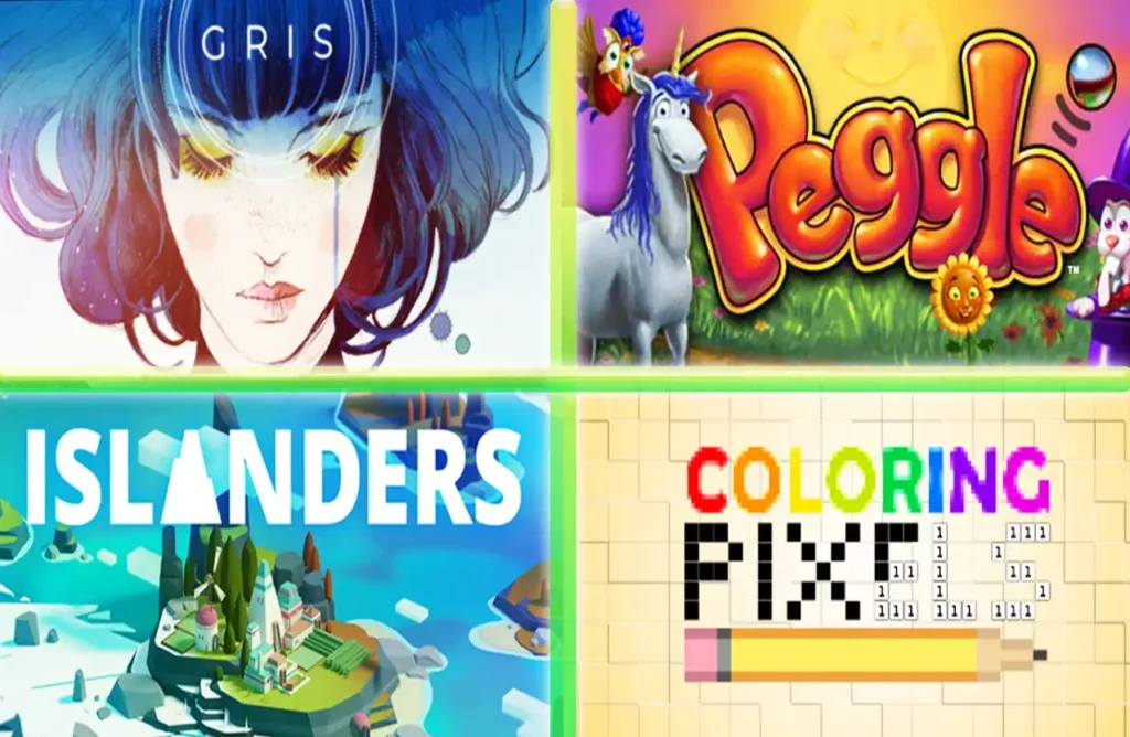 A grid showing promotional art for the games Gris, Peggle, Islanders, and Coloring Pixels.