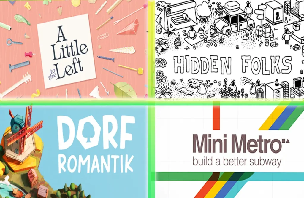 A grid of four video game covers: A Little to the Left, Hidden Folks, Dorfromantik, and Mini Metro.
