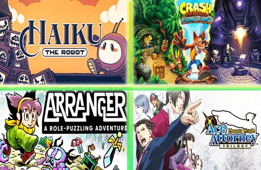 Collage of game covers including Haiku the Robot, Crash Bandicoot, Arranger, and Ace Attorney.