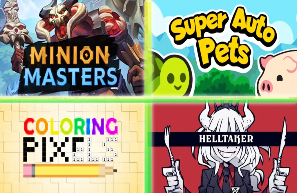  Game logos for Minion Masters, Super Auto Pets, Coloring Pixels, and Helltaker.