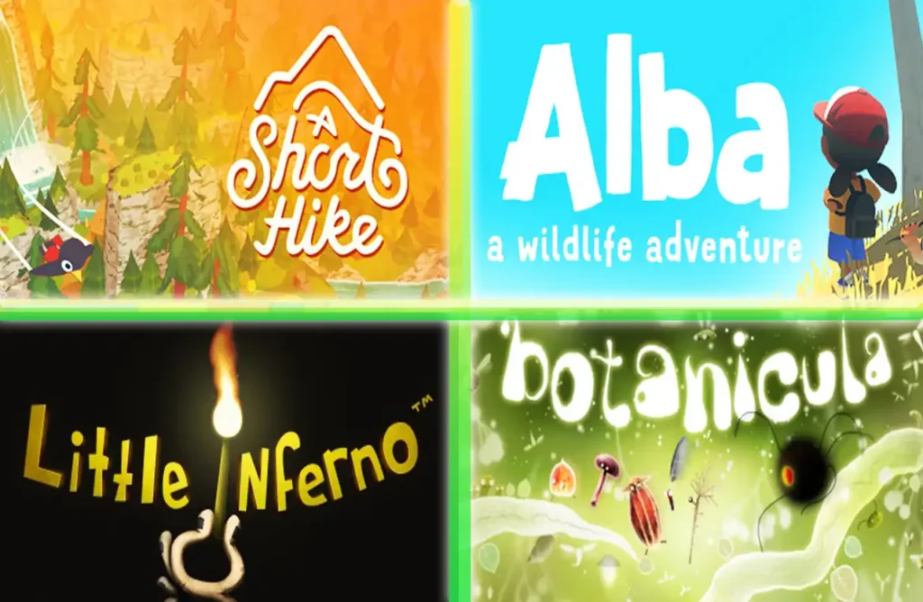 A collage of four video game title screens: A Short Hike, Alba: A Wildlife Adventure, Little Inferno, and Botanicula.