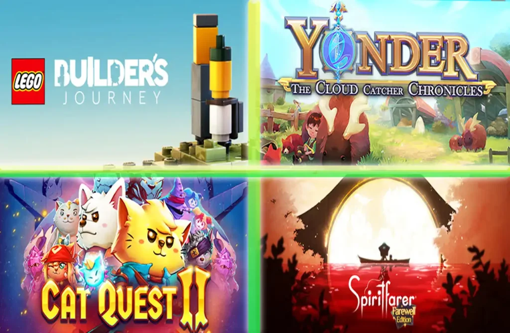 A grid showing game covers for LEGO Builder's Journey, Yonder: The Cloud Catcher Chronicles, Cat Quest II, and Spiritfarer.