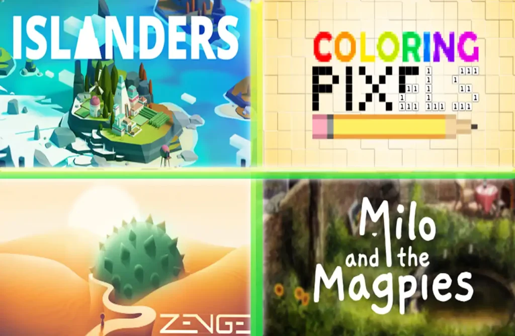 A grid showing promotional art for the games Islanders, Coloring Pixels, Zenge, and Milo and the Magpies.