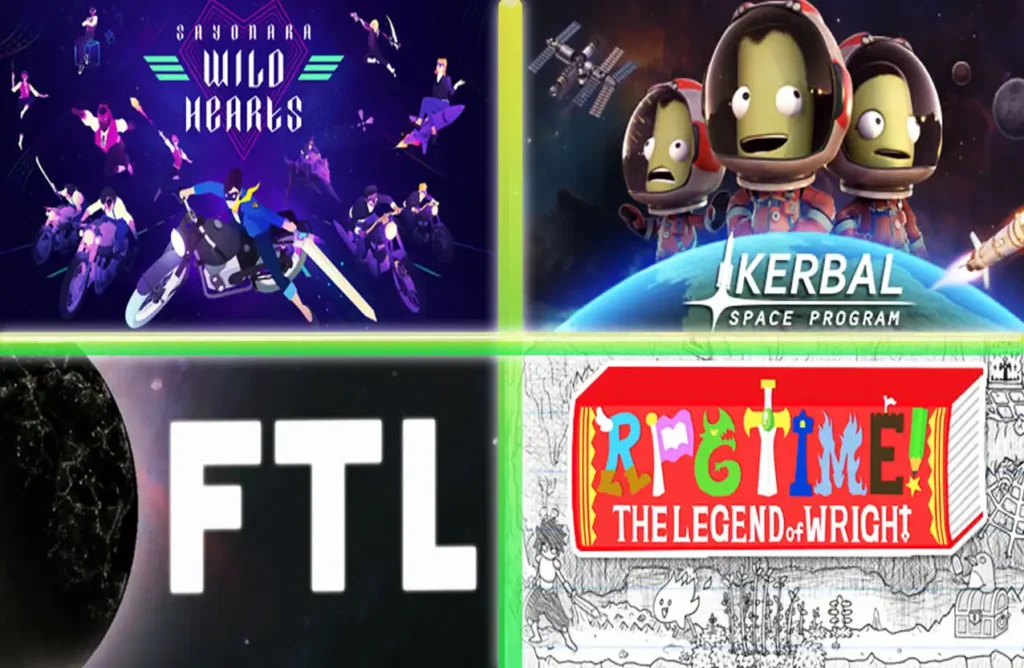 Collage of game covers including Sayonara Wild Hearts, Kerbal Space Program, FTL, and RPG Time.