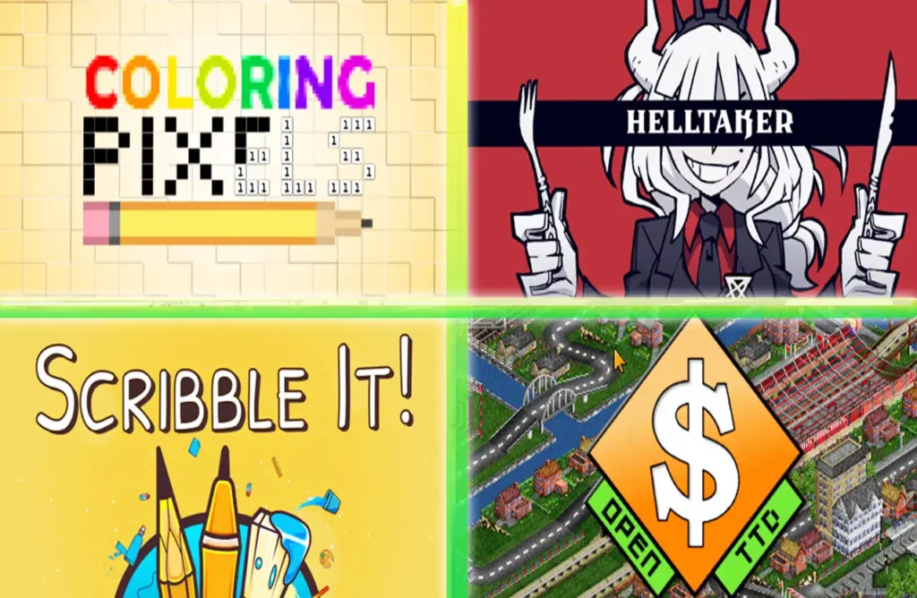 Split screen showing Coloring Pixels, Helltaker, Scribble It!, and OpenTTD.