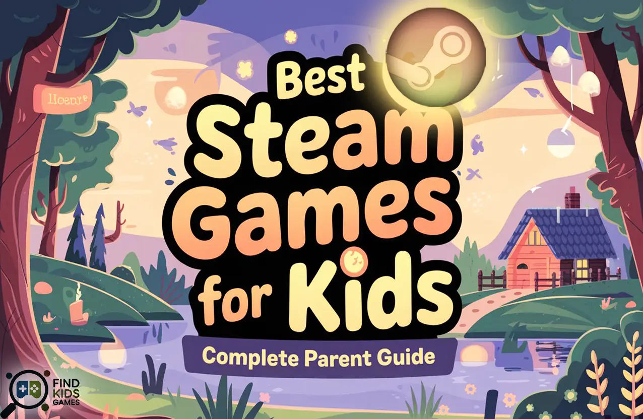 Header illustration for "Best Steam Games for Kids: Complete Parent Guide" featuring a whimsical forest and cabin