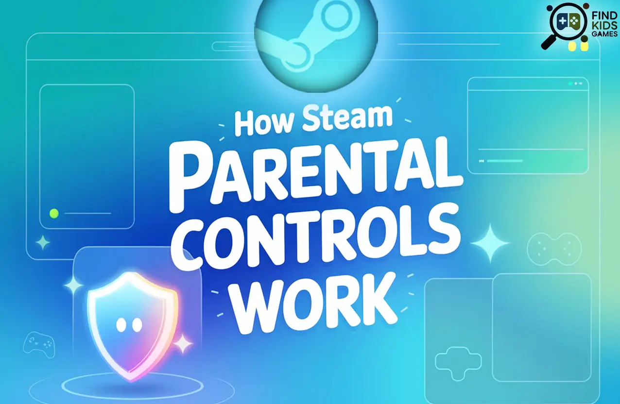 A graphic featuring the text "How Steam Parental Controls Work" in bold white letters on a blue and teal gradient background, top-centered by the Steam logo and accompanied by a glowing safety shield icon.