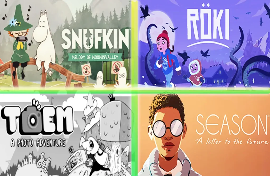 Grid of four game covers: Snufkin: Melody of Moominvalley, Röki, Toem, and Season: A Letter to the Future.