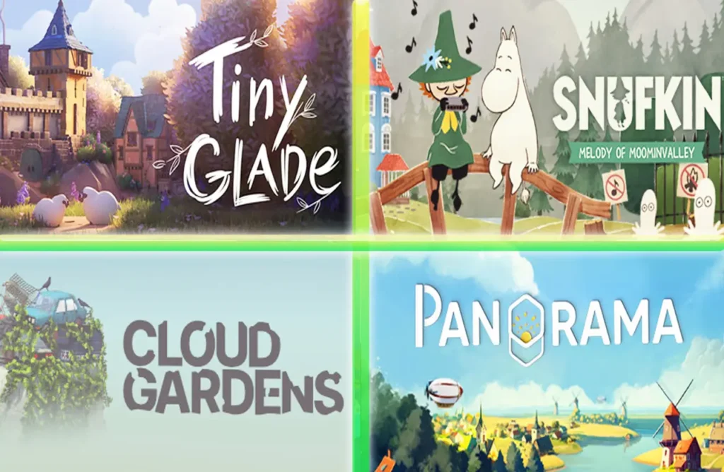 Game covers for Tiny Glade, Snufkin: Melody of Moominvalley, Cloud Gardens, and Pan'orama.