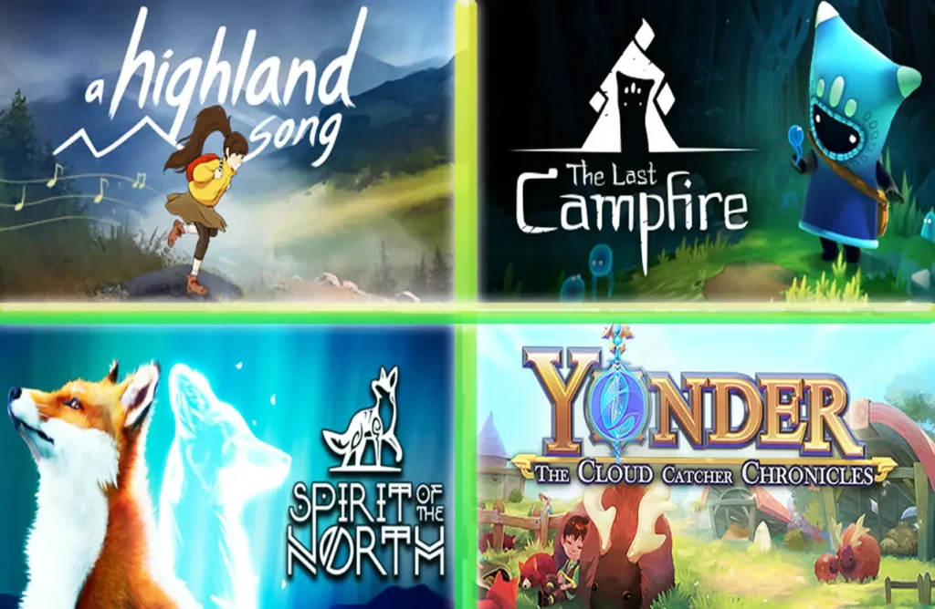 Grid of four game covers: A Highland Song, The Last Campfire, Spirit of the North, and Yonder.