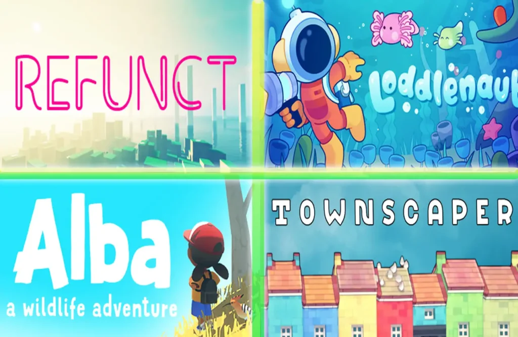 Game covers for Refunct, Loddlenaut, Alba: A Wildlife Adventure, and Townscaper.