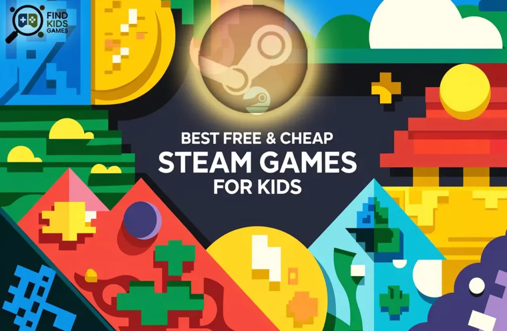 Colorful geometric and pixel-art graphic reading "Best Free & Cheap Steam Games for Kids