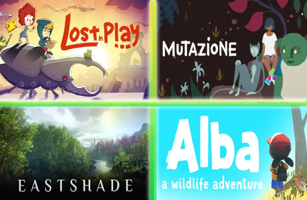 Grid of four game covers: Lost in Play, Mutazione, Eastshade, and Alba: A Wildlife Adventure.
