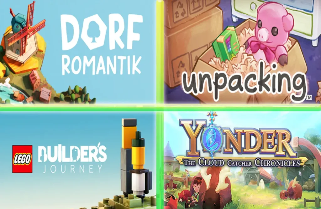 Game covers for Dorfromantik, Unpacking, LEGO Builder's Journey, and Yonder: The Cloud Catcher Chronicles.