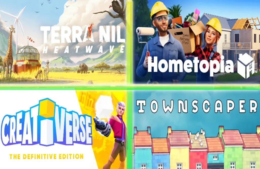 Game banners for Terra Nil, Hometopia, Creativerse, and Townscaper.