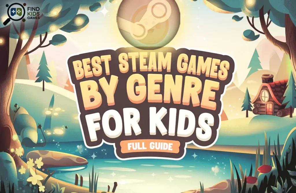 Forest landscape illustration reading "Best Steam Games By Genre For Kids - Full Guide