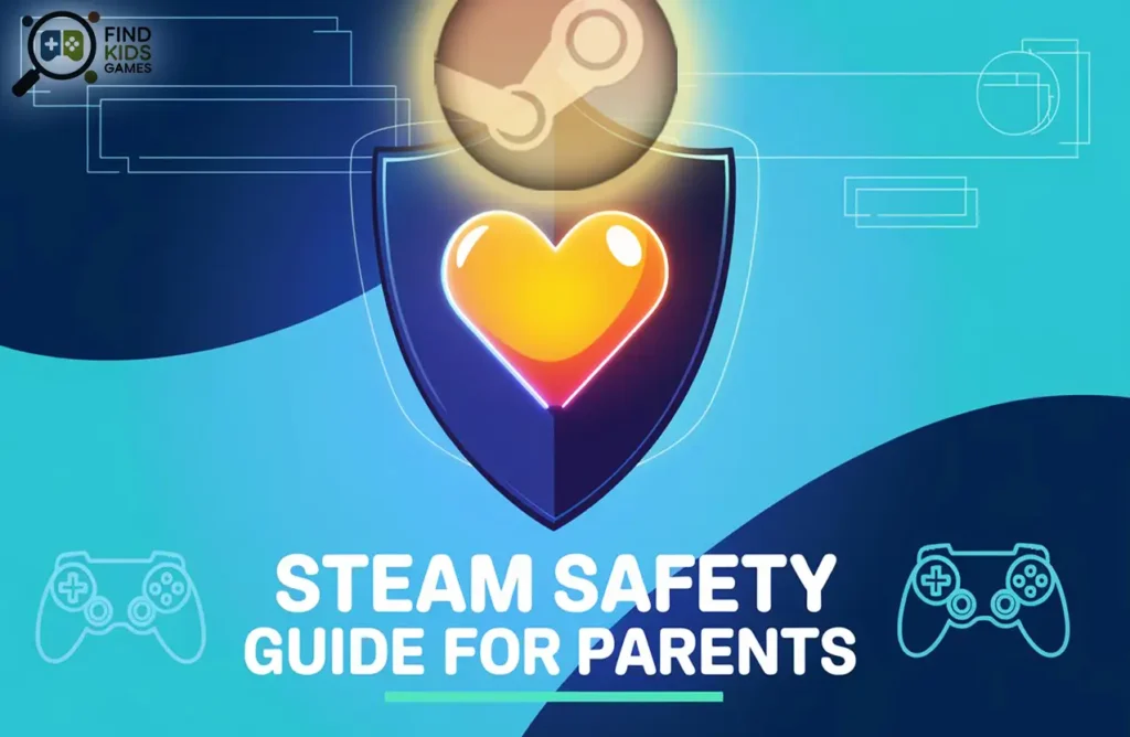 Blue technological background with a shield icon and heart, reading "Steam Safety Guide for Parents